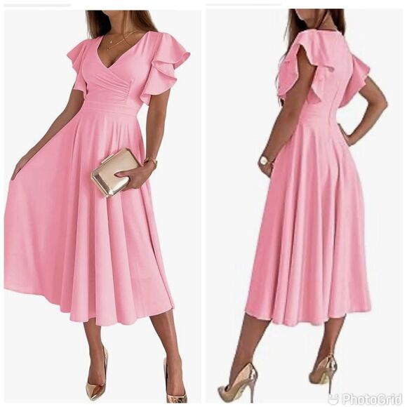 LYANER Warp V Neck Ruffle Short Sleeve A Line Swing Flared Cocktail Party Midi - Picture 1 of 10
